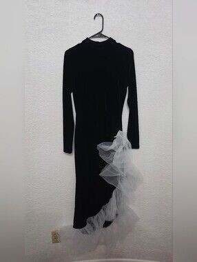 Black Long Sleeve Velvet Dress with White Tulle Ruffle LARGE keyhole Back
